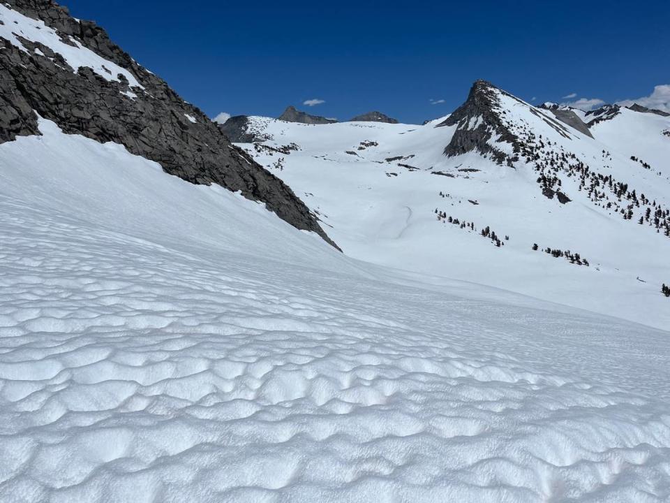 Clovis resident Ryan Soares encountered incredibly deep snow, significant avalanche debris and these suncups during his Fastest Known Time of the 47-mile Sierra High Route telemark ski across Sequoia National Park in May 2023.
