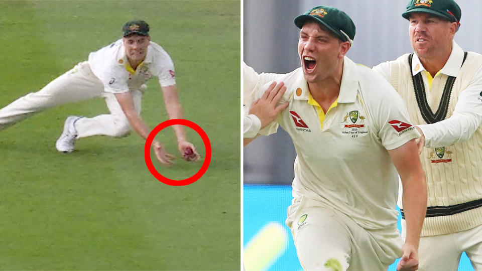 Pictured left, Cameron Green takes a superb catch on day three of the first Ashes Test. 
