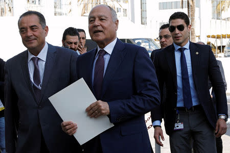 Arab League Secretary-General Ahmed Abul Gheit arrives to attend a preparatory meeting with Arab foreign ministers ahead of the Arab summit in Tunis, Tunisia March 29, 2019. REUTERS/Zoubeir Souissi