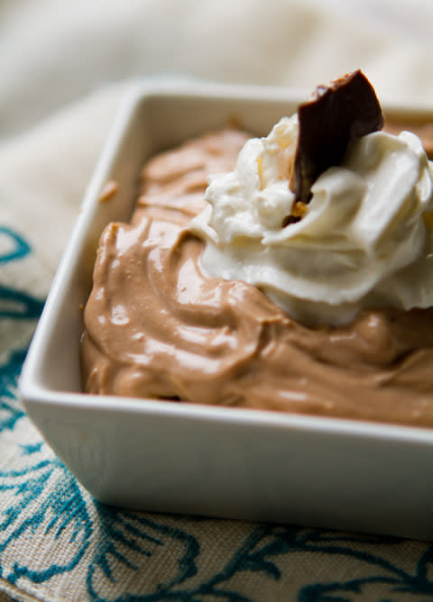 <div class="caption-credit"> Photo by: Kathy Patalsky</div><b>Peanut Butter Chocolate Mousse (Vegan!)</b> <br> <b><i>Ingredients:</i></b> <br> 19 ounces silken tofu, drained <br> 1/4 cup soy creamer <br> 1/2 cup vegan cream cheese <br> 2/3 cup peanut butter, creamy <br> 1/2 cup vegan chocolate chips <br> 1/3 cup virgin coconut oil <br> 1/4 tsp salt (adjust to taste) <br> 1/3 cup agave (or to taste - add a few drizzles more for a sweeter mousse) <br> <b><i>Directions:</i></b> <br> 1. Melt the chocolate chips with the coconut oil using either a microwave or double broiler. Make sure there are no clumps - especially with the coconut oil. Set aside. <br> 2. Add the tofu, peanut butter, vegan cream cheese, agave, soy creamer, salt and cinnamon to a high speed blender or food processor. <br> 3. Blend the mixture until creamy. With the blender on the lowest setting, slowly pour in the melted chocolate and coconut oil mixture. Blend until smooth. <br> 4. Pour mousse into serving cups. Chill in fridge until ready to serve.