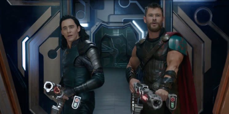 Tom Hiddleston and Chris Hemsworth break out the big guns in 'Thor: Ragnarok' (credit: Marvel Studios)