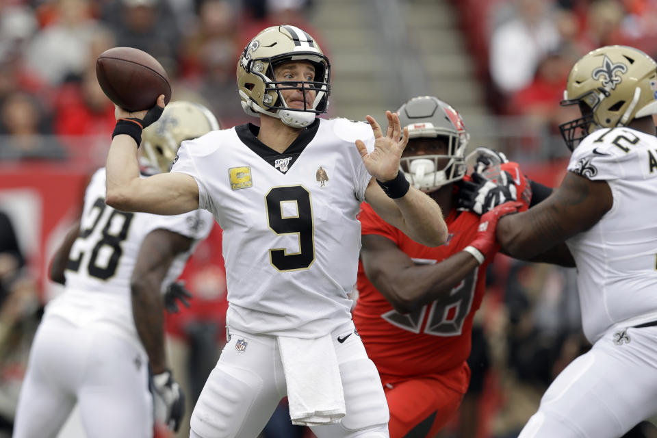 New Orleans Saints quarterback Drew Brees (9) throws a pass against the Tampa Bay Buccaneers during the first half of an NFL football game Sunday, Nov. 17, 2019, in Tampa, Fla. (AP Photo/Chris O'Meara)