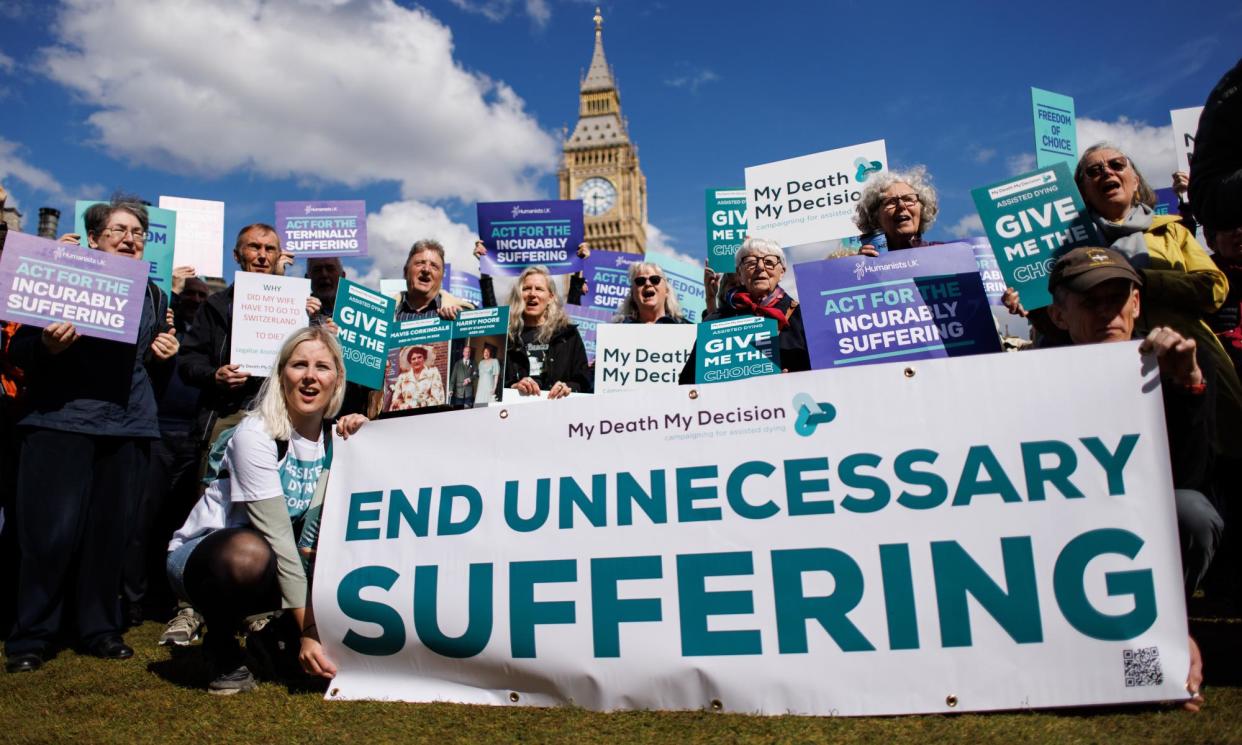 <span>Campaigners for assisted dying in April 2024.</span><span>Photograph: Tolga Akmen/EPA</span>