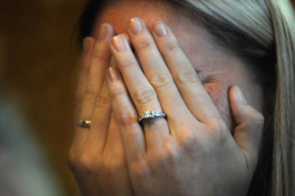 Joann Steiff, 21, fights back tears as she talks about her fiance, U.S. Army Spc. Patrick Lay, who died while serving in Afghanistan.