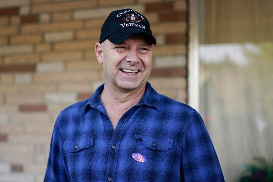 Pennsylvania Republican gubernatorial candidate Doug Mastriano wears an "I Voted" sticker after voting at his polling place, the New LIFE Worship Center Church of God, in Fayetteville, Pennsylvania, on Nov. 8, 2022.