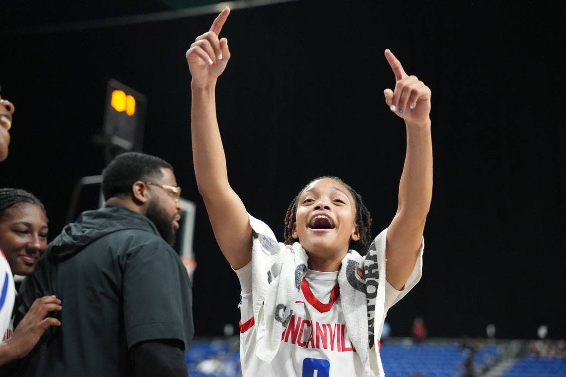 Duncanville guard Chloe Mann celebrates the victory over South Grand Prairie in the Class 6A state championship game on Saturday, March 2, 2024 at the Alamodome in San Antonio, Texas. Duncanville defeated SGP 59-41.