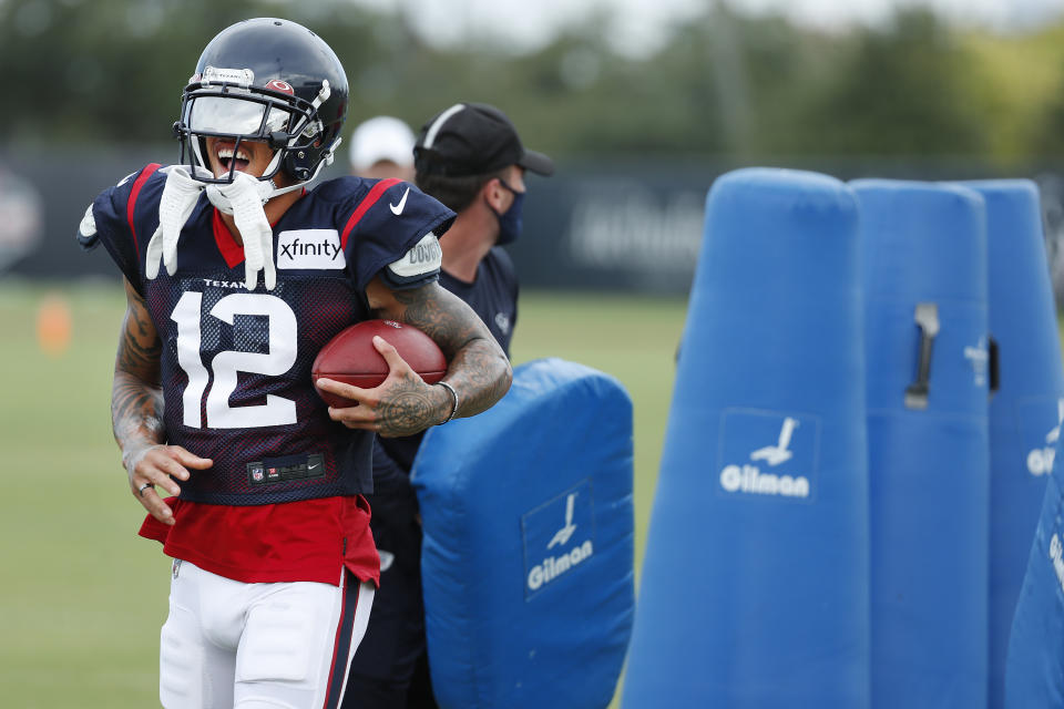 Houston Texans wide receiver Kenny Stills runs through a drill during an NFL training camp football practice Monday, Aug. 24, 2020, in Houston. (Brett Coomer/Houston Chronicle via AP, Pool)