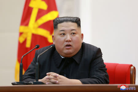 North Korean leader Kim Jong Un speaks at the Ministry of the People's Armed Forces on occasion of the 71st anniversary of the Korean People's Army (KPA) in Pyongyang, North Korea in this February 8, 2019 KCNA Photo. KCNA via REUTERS
