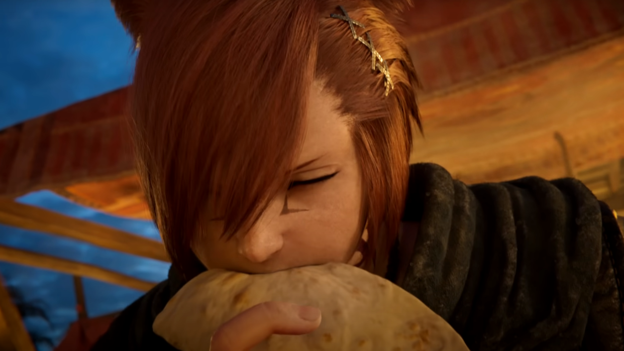  An image of G'raha Tia, a red-haired Miqo'te, biting into a taco in Final Fantasy 14: Dawntrail's trailer. 