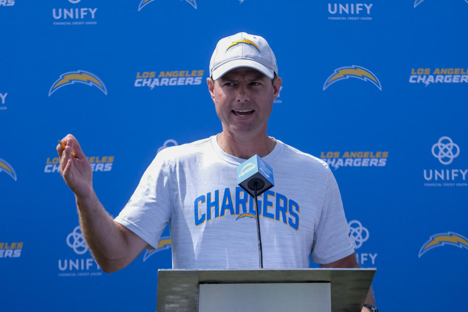 Los Angeles Chargers head coach Brandon Staley answers questions during a news conference after a practice at the NFL football team's practice camp Wednesday, July 27, 2022, in Costa Mesa, Calif. (AP Photo/Ringo H.W. Chiu)