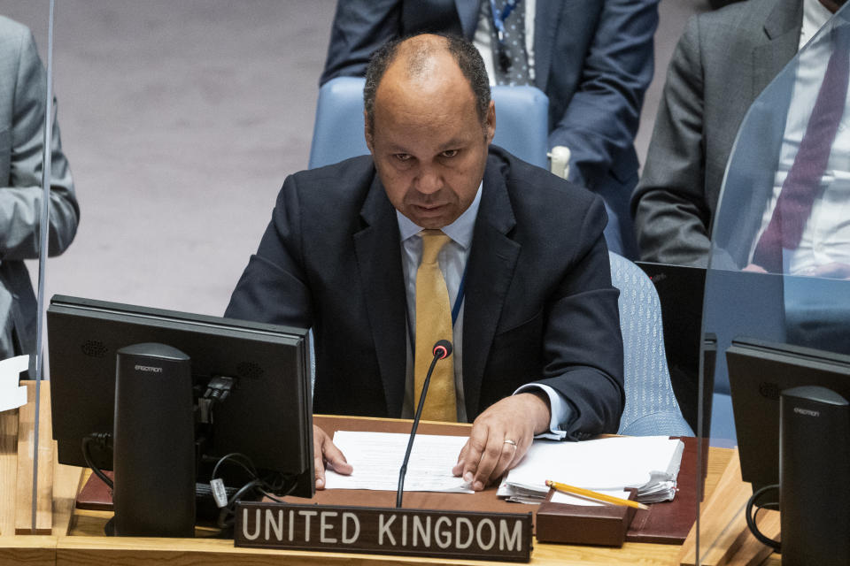 James Kariuki, Deputy Permanent Representative of the United Kingdom to the United Nations, speaks during a meeting of the U.N. Security Council on maintenance of peace and security in Ukraine, Tuesday, June 21, 2022, at United Nations headquarters. (AP Photo/John Minchillo)