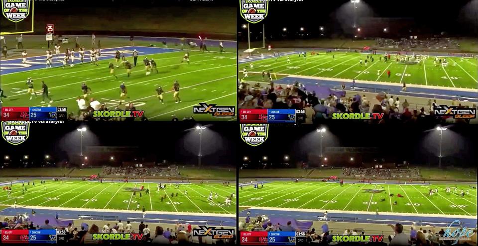 Video screen shots showing players, coaches and more running from the Choctaw High School football field  after hearing gun shots at the stadium during the third quarter of the football game