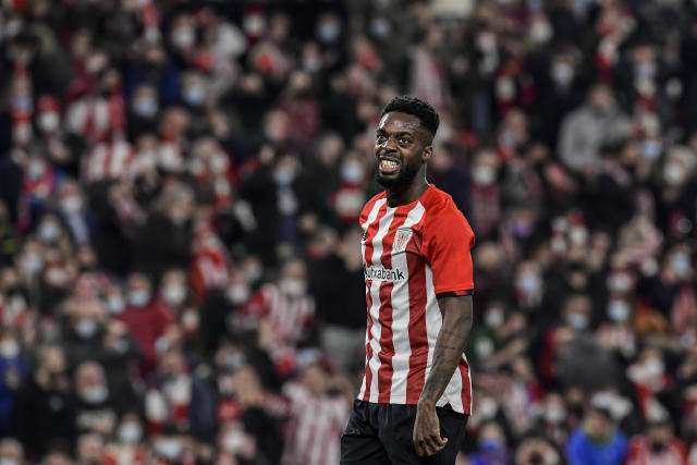FILE - Athletic Bilbao's Inaki Williams reacts during a Spanish Copa del Rey semifinal first leg soccer match between Athletic Club and Valencia at the San Mames stadium in Bilbao, Spain, Thursday, Feb. 10, 2022. Repeated racist insults against Brazilian soccer star Vinicius Junior have unleashed a heated debate in Spain about tolerance for racism in a society that is becoming rapidly more diverse on and off the field. Williams, a forward on the Basque team Athletic Bilbao, tweeted his support for Vinicius with the words: "Racism is inadmissible in any circumstance." (AP Photo/Alvaro Barrientos, File)