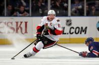 NEW YORK, NY - APRIL 12: Daniel Alfredsson #11 of the Ottawa Senators skates with the puck against the New York Rangers in Game One of the Eastern Conference Quarterfinals during the 2012 NHL Stanley Cup Playoffs at Madison Square Garden on April 12, 2012 in New York City. (Photo by Bruce Bennett/Getty Images)