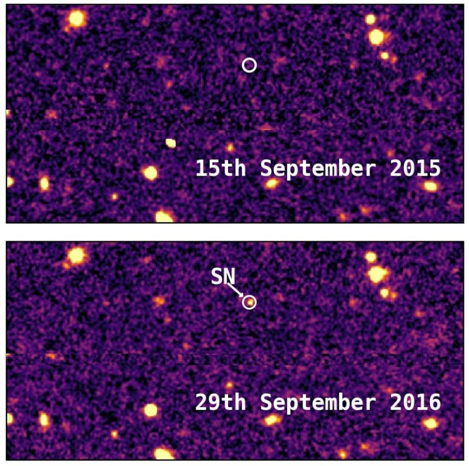 The superluminous supernova DES16C2nm flares up as a glowing dot in a region of space that had previously been dark. <cite>Mat Smith and DES collaboration</cite>