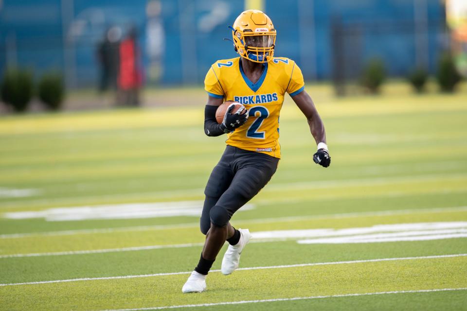 Rickards' Rico Watkins runs the ball during a game between Rickards and Chiles at Gene Cox Stadium Thursday, Sept. 2, 2021. The Raiders defeated the Timberwolves 41-16. 