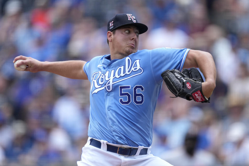 Kansas City Royals starting pitcher Brad Keller throws during the first inning of a baseball game against the Minnesota Twins Sunday, July 4, 2021, in Kansas City, Mo. (AP Photo/Charlie Riedel)