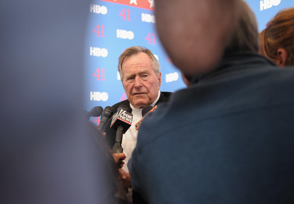 KENNEBUNKPORT, ME - JUNE 12:  Film Subject President George H.W. Bush is interviewed during the HBO Documentary special screening of '41' on June 12, 2012 in Kennebunkport, Maine.  (Photo by Michael Loccisano/Getty Images for HBO)