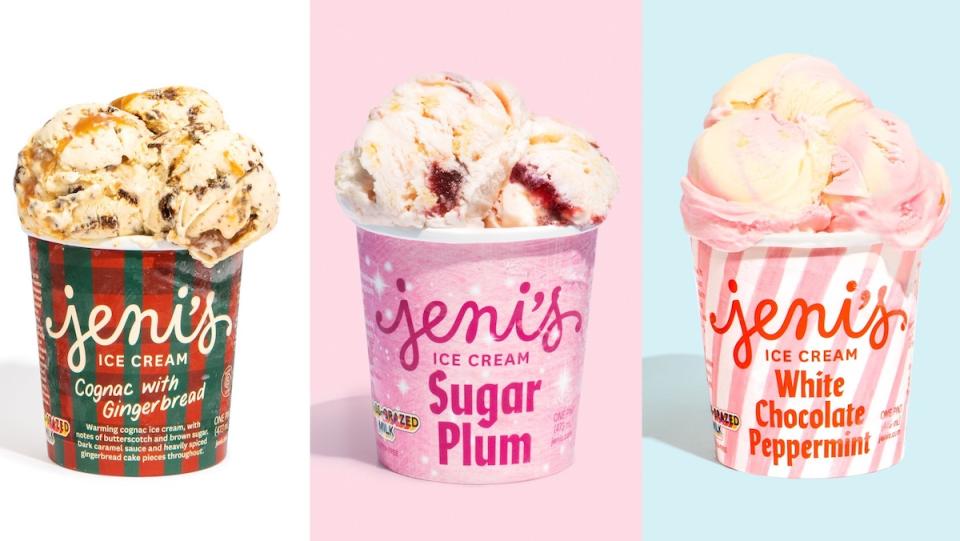 Three different pints of Jeni's Spledid Ice Cream's 2021 holiday flavors