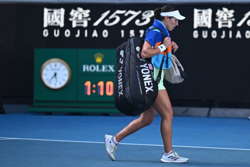 Jessica Pegula of the United States walks off the court after an upset loss to Clara Burel of France at the 2024 Australian Open on Thursday in Melbourne. Photo by Lucas Coch/EPA-EFE