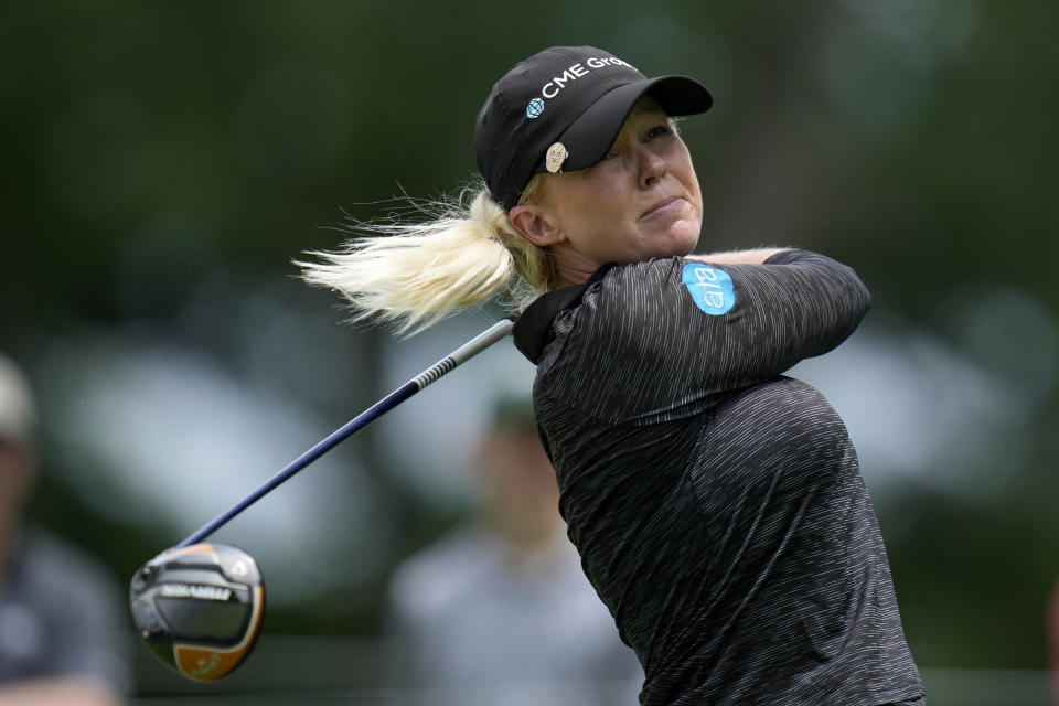 Stephanie Meadow, of Northern Ireland, hits off the tee on the fifth hole during the third round of the Women's PGA Championship golf tournament, Saturday, June 24, 2023, in Springfield, N.J. (AP Photo/Seth Wenig)