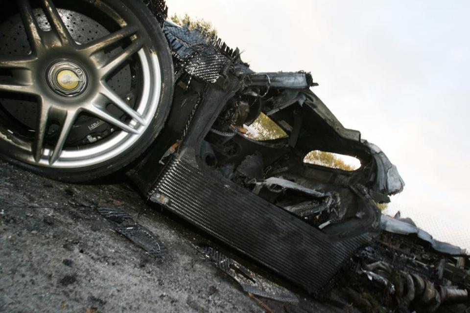<div class="inline-image__caption"><p>"View of the wreck of a black Ferrari driven by a member of the Russian parliament, Suleyman Kerimov after the car hit a tree and burst into flames in the French Riviera city of Nice, 26 November 2006. A female passenger in the sportscar was also hurt in the crash, which occurred 25 November 2006. Officers said Kerimov, 40, was being treated in a burns unit."</p></div> <div class="inline-image__credit">Valery Hache/Getty</div>