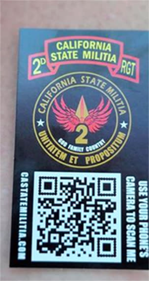 Image: A recruitment card given out by the California State Militia. (Obtained by NBC News)