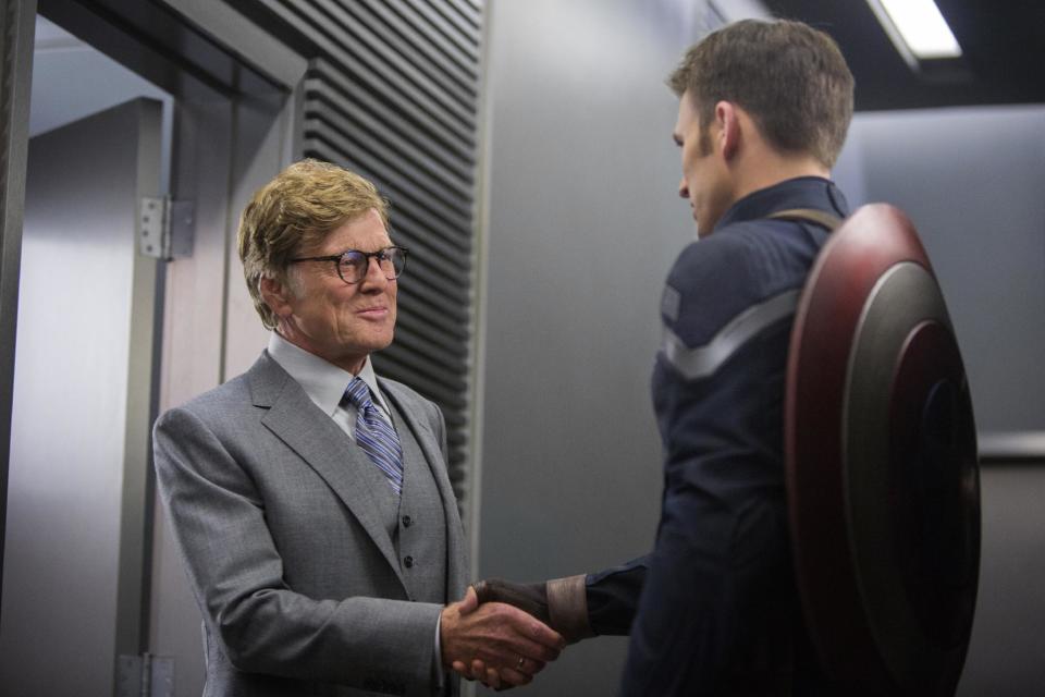 This image released by Marvel shows Robert Redford, left, and Chris Evans in a scene from "Captain America: The Winter Soldier." (AP Photo/Marvel-Disney, file)