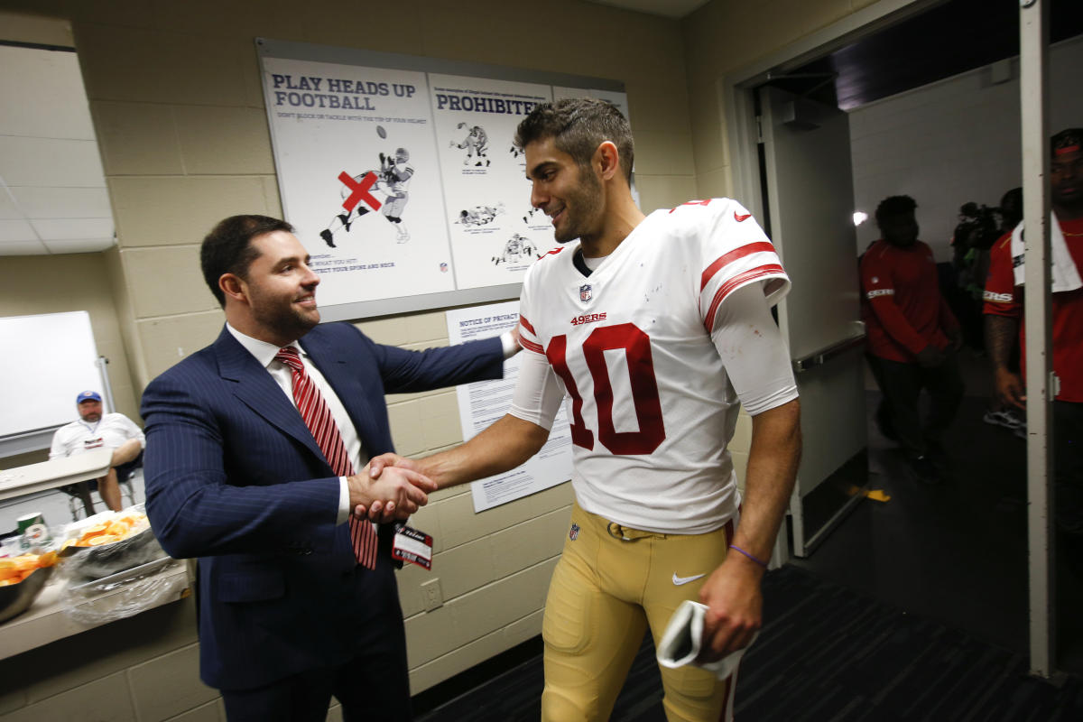 Jimmy Garoppolo is on hand to open the locker room door for Sharks