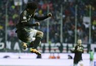 Football Soccer - Frosinone v Juventus Serie A - Matusa Stadium, Frosinone, Italy - 07/02/16. Juventus' Juan Cuadrado celebrates after scoring against Frosinone. REUTERS/Max Rossi