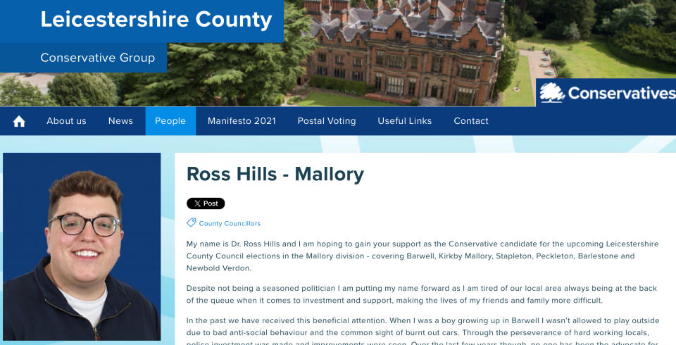 Ross Hills’s profile on the Leicestershire Council Conservative Group website.