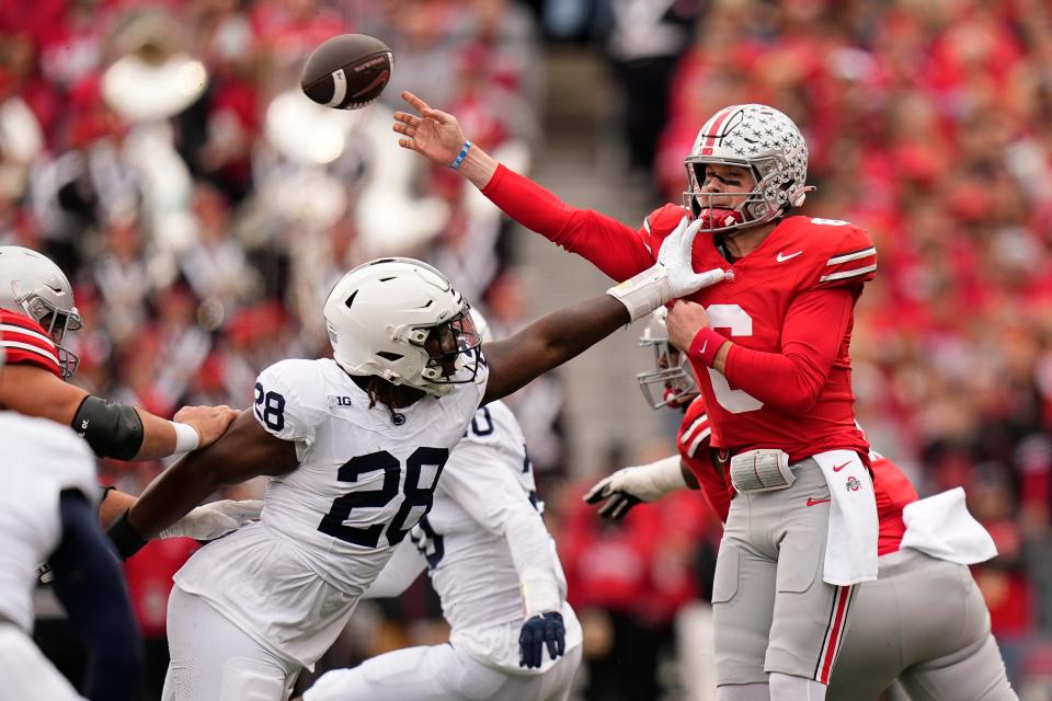 Ohio State quarterback Kyle McCord completed 22 of 35 passes for 286 yards and a touchdown against Penn State.