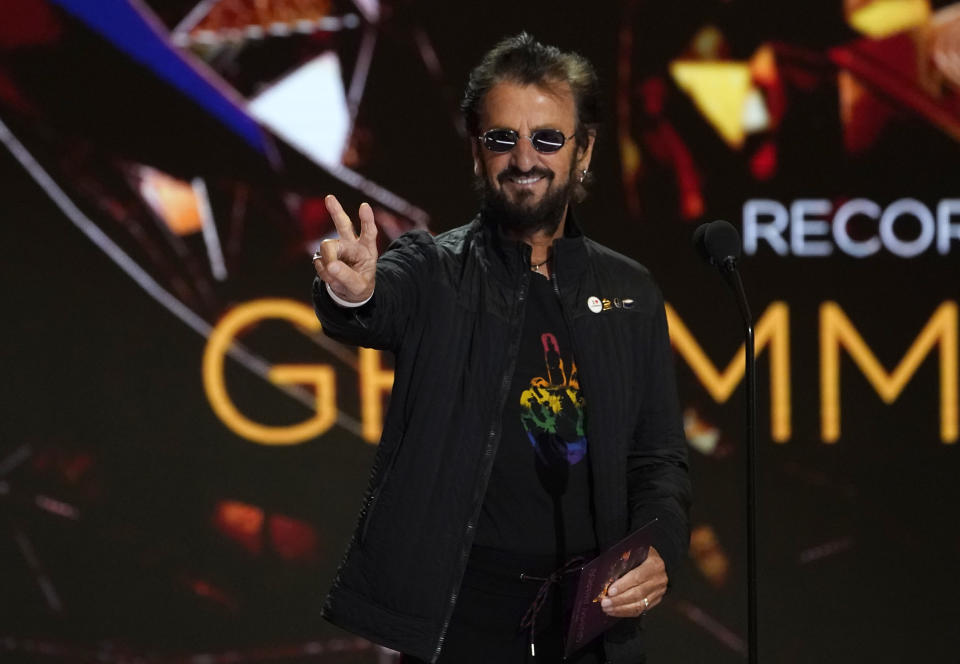 FILE - Ringo Starr presents the award for record of the year at the 63rd annual Grammy Awards on March 14, 2021, in Los Angeles. Starr turns 81 on July 7. (AP Photo/Chris Pizzello, File)