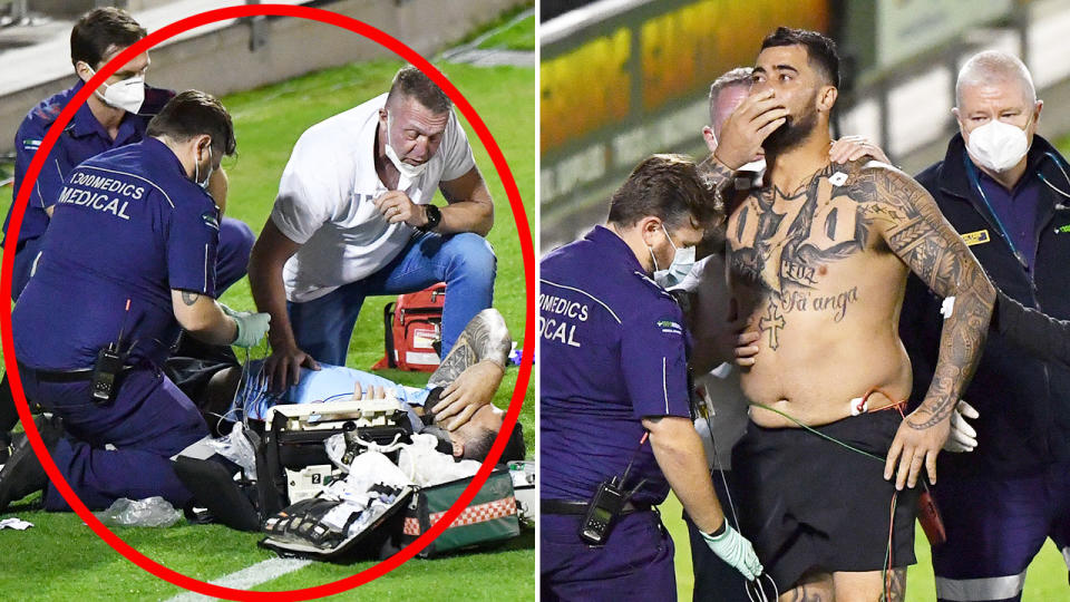 Seen here, paramedics attend to Andrew Fifita during the scary incident on Sunday. 