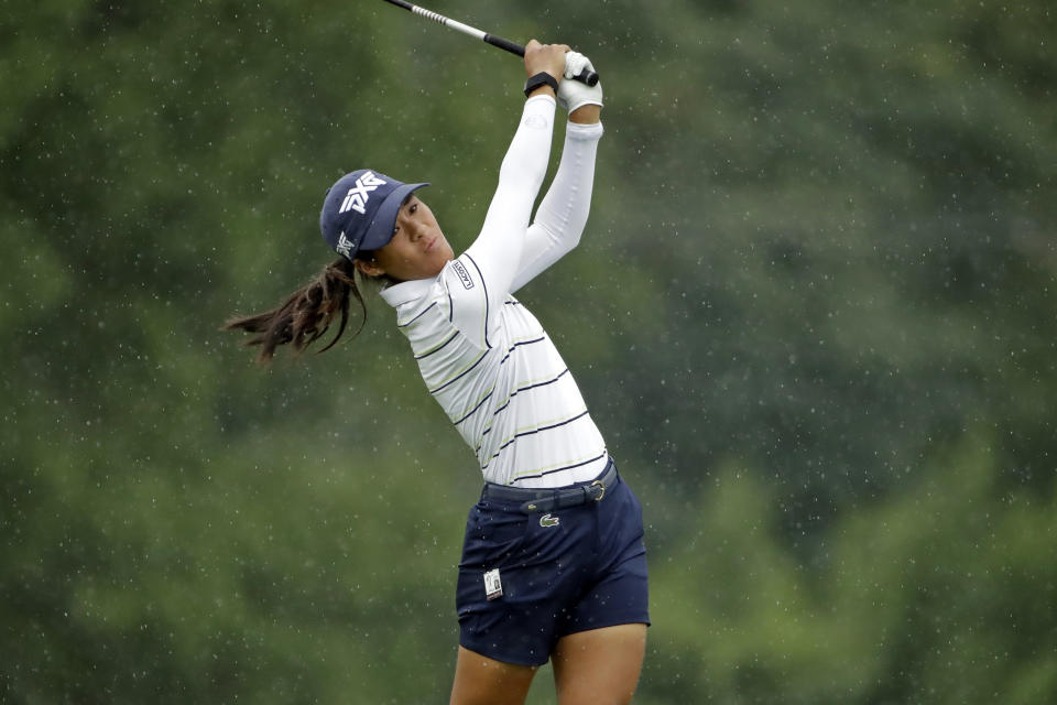 Celine Boutier from France follows through on her tee shot on the ninth hole during the second round of the LPGA Drive On Championship golf tournament at Inverness Golf Club in Toledo, Ohio, Saturday, Aug. 1, 2020. (AP Photo/Gene J. Puskar)