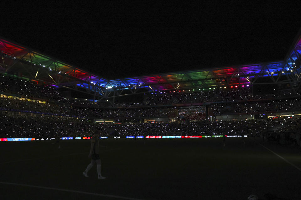 General view of stadium during the break of the Women's World Cup quarterfinal soccer match between Australia and France in Brisbane, Australia, Saturday, Aug. 12, 2023. (AP Photo/Tertius Pickard)