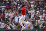 Cleveland Guardians' Estevan Florial celebrates after hitting a solo home run off New York Yankees relief pitcher Luke Weaver in the eighth inning of a baseball game, Sunday, April 14, 2024, in Cleveland. (AP Photo/David Dermer)