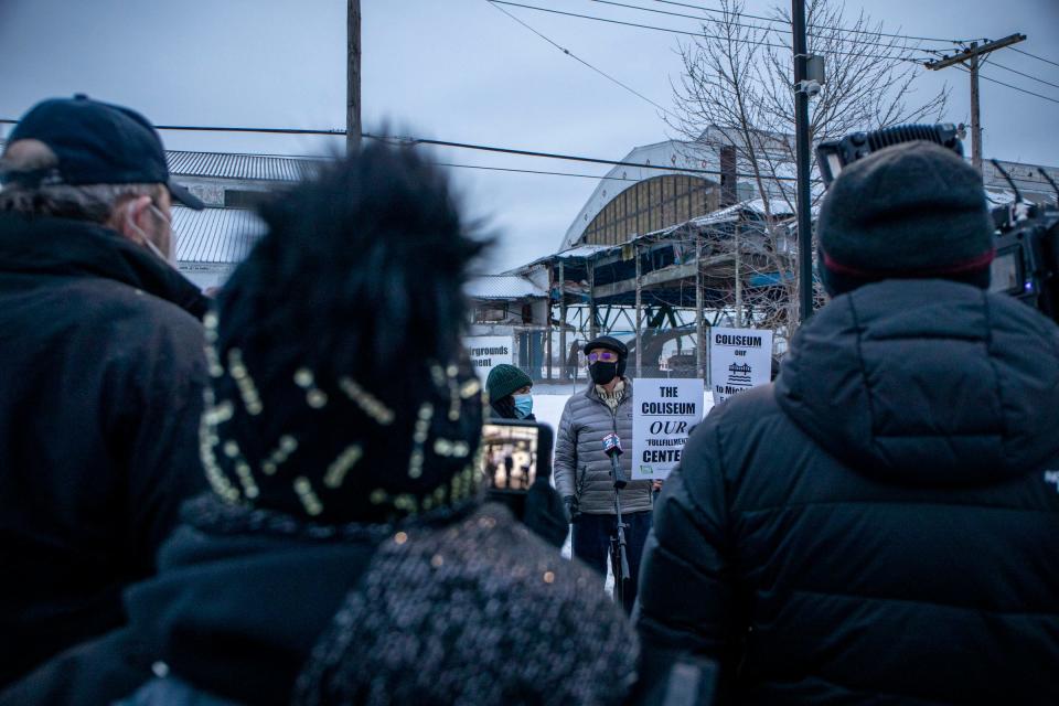 A resident of Green Acres, Frank Hammer, 78, speaks about his time and experiences at the Michigan State Fairgrounds Coliseum during a vigil at the east end of the Meijer parking lot at 1301 W. 8 Mile Road in Detroit near the Michigan State Fairgrounds Coliseum on Jan. 27, 2022. The nearly 100-year-old structure is making way for a new transit center.