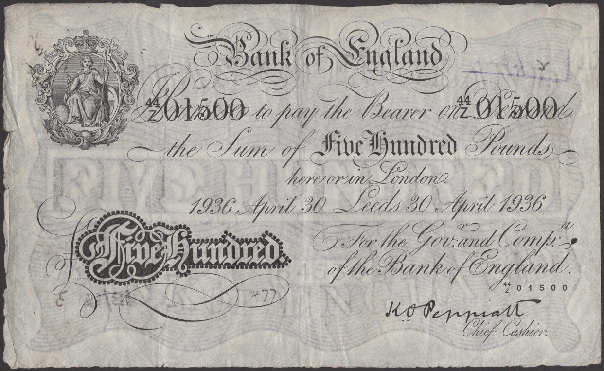 Rare £500 note from the Bank of England branch in Leeds. (SWNS)