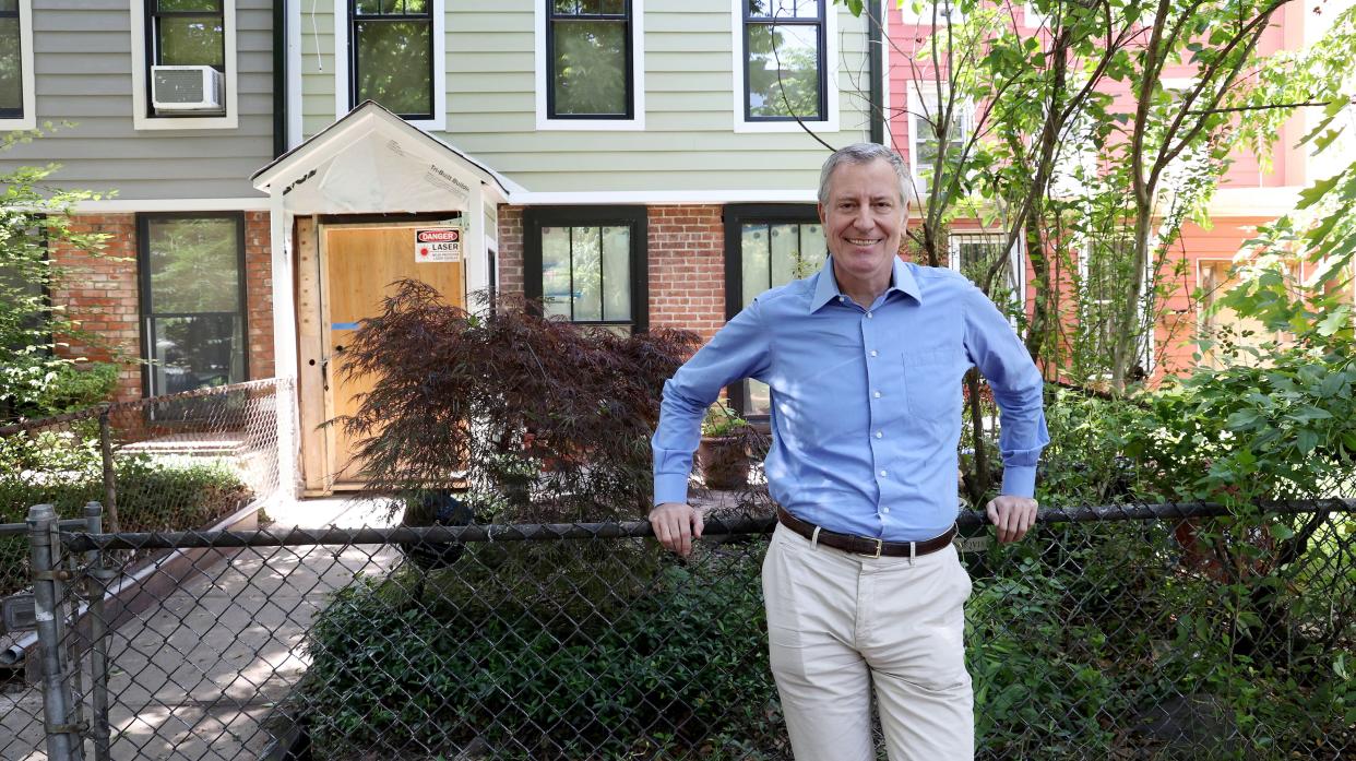 Former New York City Mayor Bill de Blasio is pictured in front of his home, which is being renovated, in Park Slope, Brooklyn, New York on Monday, May 23, 2022. 