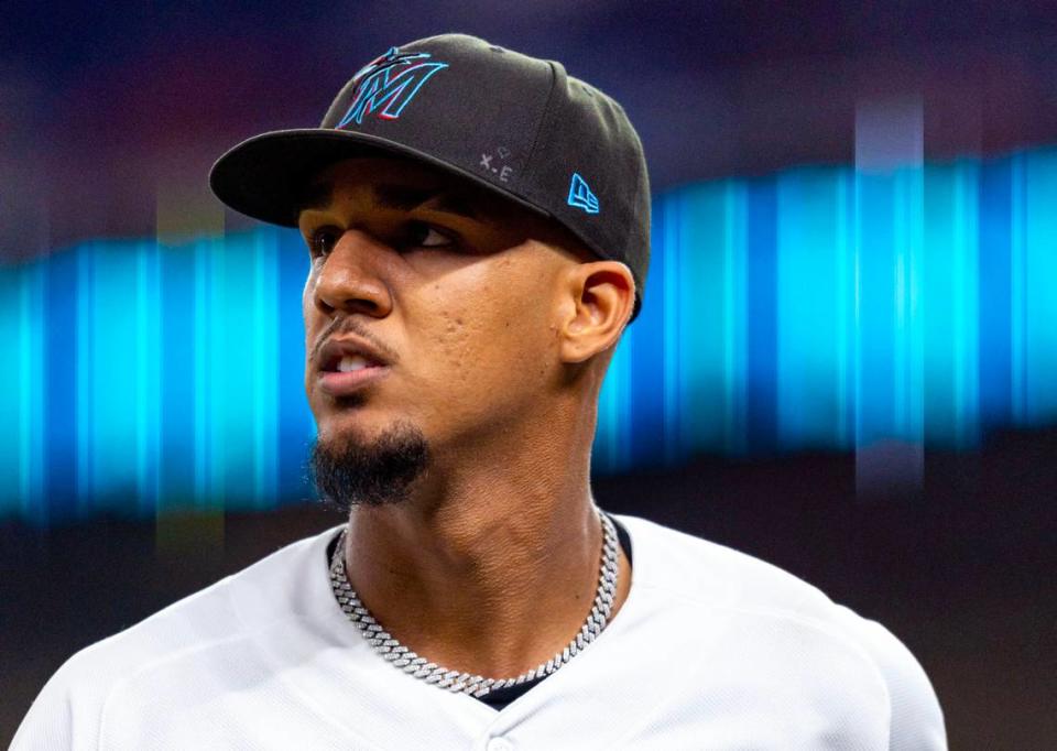 Miami Marlins pitcher Eury Perez (39) reacts after the fourth inning of an MLB game against the St. Louis Cardinals at loanDepot park in the Little Havana neighborhood of Miami, Florida, on Thursday, July 6, 2023.