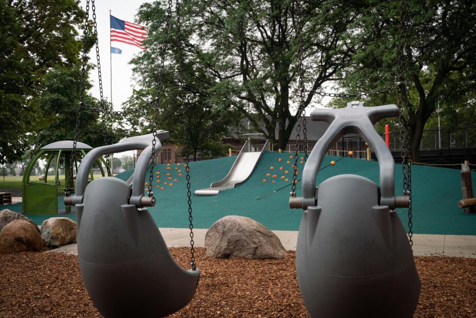 A recently unveiled ADA-inclusive playground sits empty on a rainy day at Clark Park in Southwest Detroit on Friday, June 23, 2023. 
