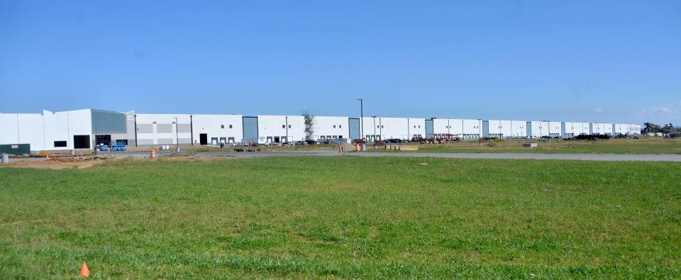 The future Conair distribution center, being developed by Trammell Crow, is seen from Sterling Avenue, looking at the front of the building facing Downsville Pike, on Tuesday. Gov. Wes Moore's office announced Conair would be moving into the collective 2.1 million square feet of warehouse space across from the Washington County Public Schools headquarters, bringing with it 700 jobs.