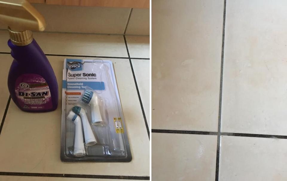 The Aldi cleaning combo left the woman's tiles looking like new. Photo: Facebook