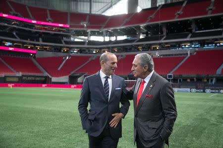 Oct 23, 2017; Atlanta, GA, USA; MLS Commissioner Don Garber, left, talks with Atlanta United owner Arthur Blank during the press conference that Atlanta will host the MLS 2018 All-Star game at Mercedes-Benz Stadium. Mandatory Credit: Jason Getz-USA TODAY Sports