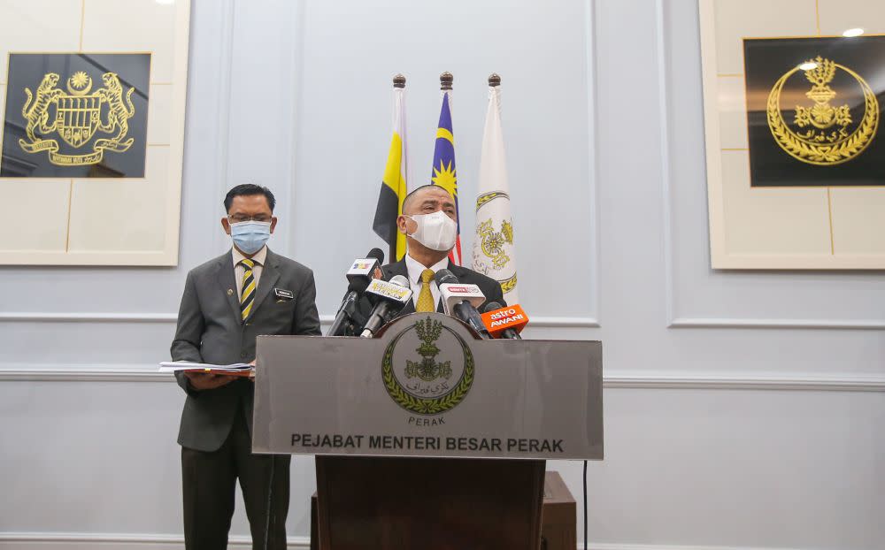 Perak Mentri Besar Datuk Seri Saarani Mohamad speaks during a press conference at the State Secretariat Building in Ipoh January 12, 2022. — Picture by Farhan Najib