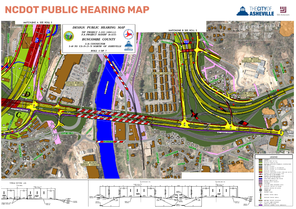 The conceptual design public hearing map for the restructuring of the Bowen Bridge. Yellow represents the proposed roadway, with the grey hashmarks striking through existing roads that would be removed.