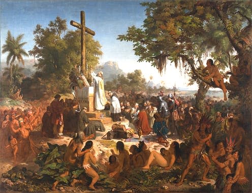 <span class="caption">The First Mass in Brazil (1860) by Victor Meirelles.</span> <span class="attribution"><a class="link " href="https://en.wikipedia.org/wiki/Victor_Meirelles#/media/File:Meirelles-primeiramissa2.jpg" rel="nofollow noopener" target="_blank" data-ylk="slk:Wikipedia;elm:context_link;itc:0;sec:content-canvas">Wikipedia</a></span>