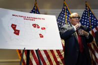 Former Mayor of New York Rudy Giuliani, a lawyer for President Donald Trump, finishes speaking during a news conference at the Republican National Committee headquarters, Thursday Nov. 19, 2020, in Washington. (AP Photo/Jacquelyn Martin)