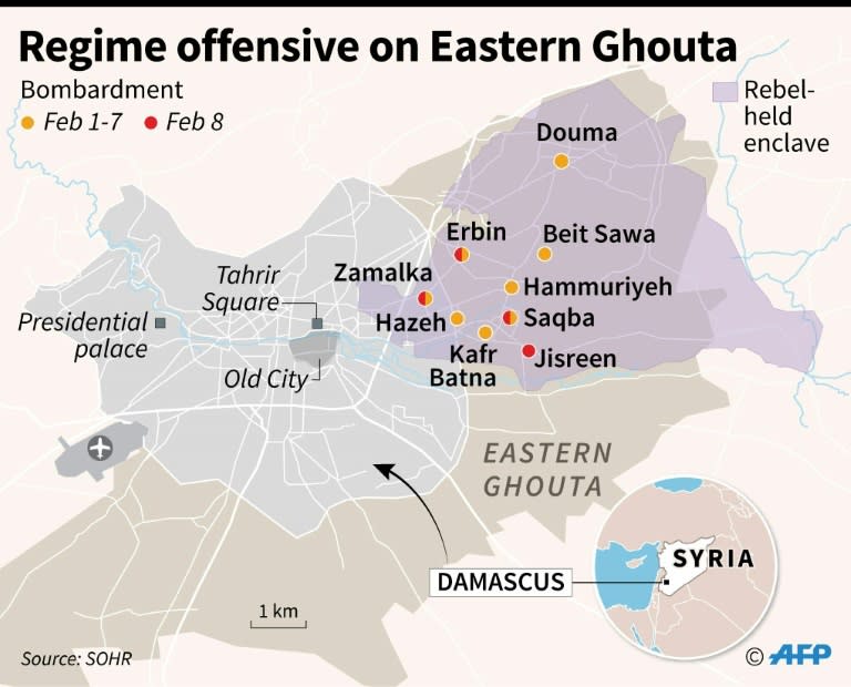 Map of Damascus locating areas of the besieged rebel enclave in Eastern Ghouta hit by regime strikes since February 1